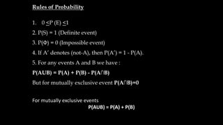 Rules of Probability
1. 0 <P (E) <1
2. P(S) = 1 (Definite event)
3. P(Φ) = 0 (Impossible event)
4. If A’ denotes (not-A), then P(A’) = 1 - P(A).
5. For any events A and B we have :
P(AUB) = P(A) + P(B) - P(A∩B)
But for mutually exclusive event P(A∩B)=0
For mutually exclusive events
P(AUB) = P(A) + P(B)
 