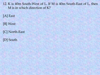 12. K is 40m South-West of L. If M is 40m South-East of L, then
M is in which direction of K?
[A] East
[B] West
[C] North-East
[D] South
 