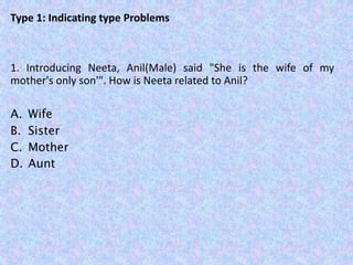 Type 1: Indicating type Problems
1. Introducing Neeta, Anil(Male) said "She is the wife of my
mother's only son'". How is Neeta related to Anil?
A. Wife
B. Sister
C. Mother
D. Aunt
 