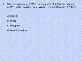 2. X is the husband of Y. W is the daughter of X. Z is the husband
of W. N is the daughter of Z. What is the relationship of N to Y.
A. Cousin
B. Niece
C. Daughter
D. Grand daughter
 