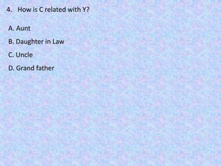 4. How is C related with Y?
A. Aunt
B. Daughter in Law
C. Uncle
D. Grand father
 