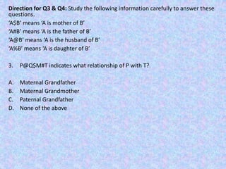 Direction for Q3 & Q4: Study the following information carefully to answer these
questions.
‘A$B’ means ‘A is mother of B’
‘A#B’ means ‘A is the father of B’
‘A@B’ means ‘A is the husband of B’
‘A%B’ means ‘A is daughter of B’
3. P@Q$M#T indicates what relationship of P with T?
A. Maternal Grandfather
B. Maternal Grandmother
C. Paternal Grandfather
D. None of the above
 