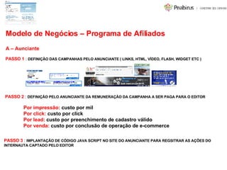 Modelo de Negócios – Programa de Afiliados PASSO 1  :  DEFINIÇÃO DAS CAMPANHAS PELO ANUNCIANTE ( LINKS, HTML, VÍDEO, FLASH, WIDGET ETC ) PASSO 2  :  DEFINIÇÃO PELO ANUNCIANTE DA REMUNERAÇÃO DA CAMPANHA A SER PAGA PARA O EDITOR Por impressão:  custo por mil Por click:  custo por click Por lead:  custo por preenchimento de cadastro válido Por venda:  custo por conclusão de operação de e-commerce PASSO 3  :  IMPLANTAÇÃO DE CÓDIGO JAVA SCRIPT NO SITE DO ANUNCIANTE PARA REGSITRAR AS AÇÕES DO INTERNAUTA CAPTADO PELO EDITOR A – Aunciante 