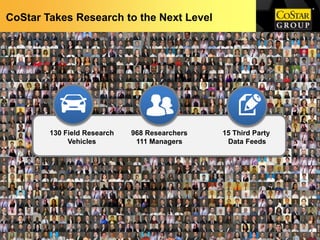 CoStar Takes Research to the Next Level




        130 Field Research   968 Researchers   15 Third Party
             Vehicles         111 Managers      Data Feeds
 