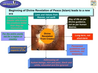 Beginning of Divine Revelation of Peace (Islam) leads to a new era Way of life as per Divine guidance, not as per human desires. Addressing all  aspects of life Guidance from the Creator who knows his creations better than they do themselves. For the entire world, not for a region or country Laws and Values from Heaven, not earth Addressing all  human beings, rich and poor, black and white, educated and the ignorant Divine Revelation From Creator Long term, not short-term   Permanent guidelines and solutions, not temporary 