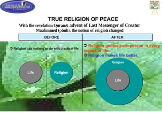 TRUE RELIGION OF PEACE  Life Life Religion Religion has nothing to do with practical life Religion guides each person in every aspect of life. Religion makes life better, BEFORE AFTER Religion  With the revelation Quran&  advent of  Last Messenger of Creator  Muahmmed (pbuh), the notion of religion changed 