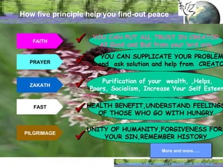 How five principle help you find-out peace YOU CAN PUT ALL TRUST IN CREATOR All Good and Bad from your lord only YOU CAN SUPPLICATE YOUR PROBLEM and  ask solution and help from  CREATOR Purification of your  wealth, , Helps, Poors, Socialism, Increase Your Self Esteem HEALTH BENEFIT,UNDERSTAND FEELINGS OF THOSE WHO GO WITH HUNGRY UNITY OF HUMANITY,FORGIVENESS FOR  YOUR SIN,REMEMBER HISTORY More and more..… PRAYER ZAKATH FAST       PILGRIMAGE   FAITH   