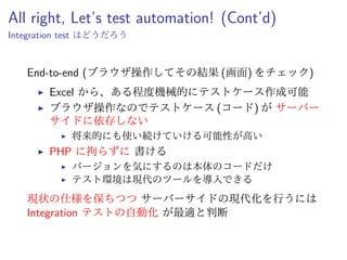 というわけで
現状の仕様を保ちつつ サーバーサイドの
現代化を行うにはEnd-to-end テストの自
動化が最適と判断
 