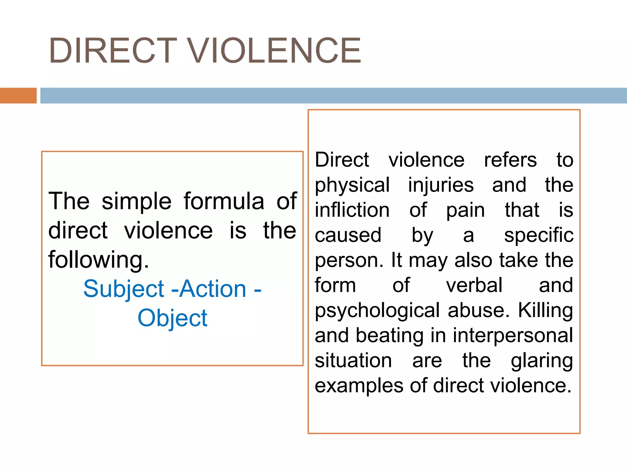 DIRECT VIOLENCE

                       Direct violence refers to
                       physical injuries and the
The simple formula of infliction of pain that is
direct violence is the caused by a specific
following.             person. It may also take the
    Subject -Action -  form     of   verbal     and
         Object        psychological abuse. Killing
                       and beating in interpersonal
                       situation are the glaring
                       examples of direct violence.
 