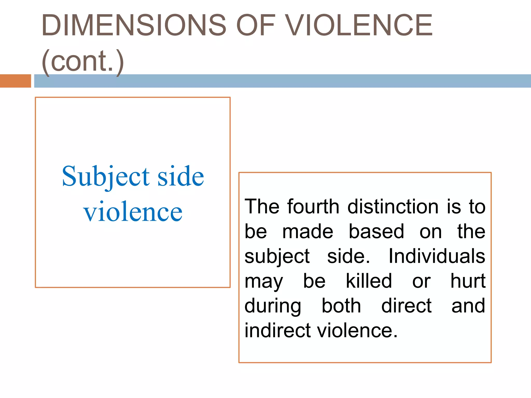 DIMENSIONS OF VIOLENCE
(cont.)


 Subject side
  violence      The fourth distinction is to
                be made based on the
                subject side. Individuals
                may be killed or hurt
                during both direct and
                indirect violence.
 