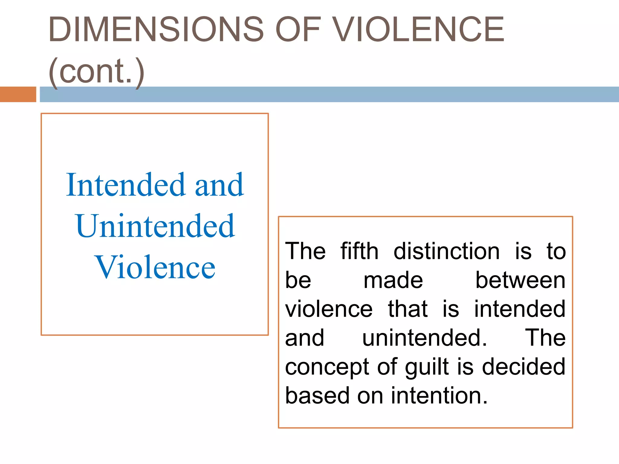 DIMENSIONS OF VIOLENCE
(cont.)


Intended and
 Unintended
               The fifth distinction is to
  Violence     be      made       between
               violence that is intended
               and    unintended.      The
               concept of guilt is decided
               based on intention.
 