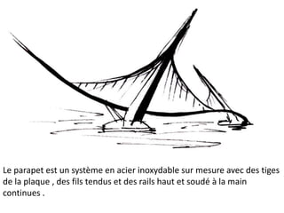 Le parapet est un système en acier inoxydable sur mesure avec des tiges
de la plaque , des fils tendus et des rails haut et soudé à la main
continues .
 