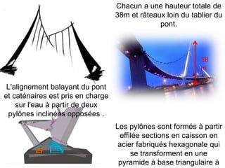 L'alignement balayant du pont
et caténaires est pris en charge
sur l'eau à partir de deux
pylônes inclinées opposées .
Chacun a une hauteur totale de
38m et râteaux loin du tablier du
pont.
Les pylônes sont formés à partir
effilée sections en caisson en
acier fabriqués hexagonale qui
se transforment en une
pyramide à base triangulaire à
38
m
 