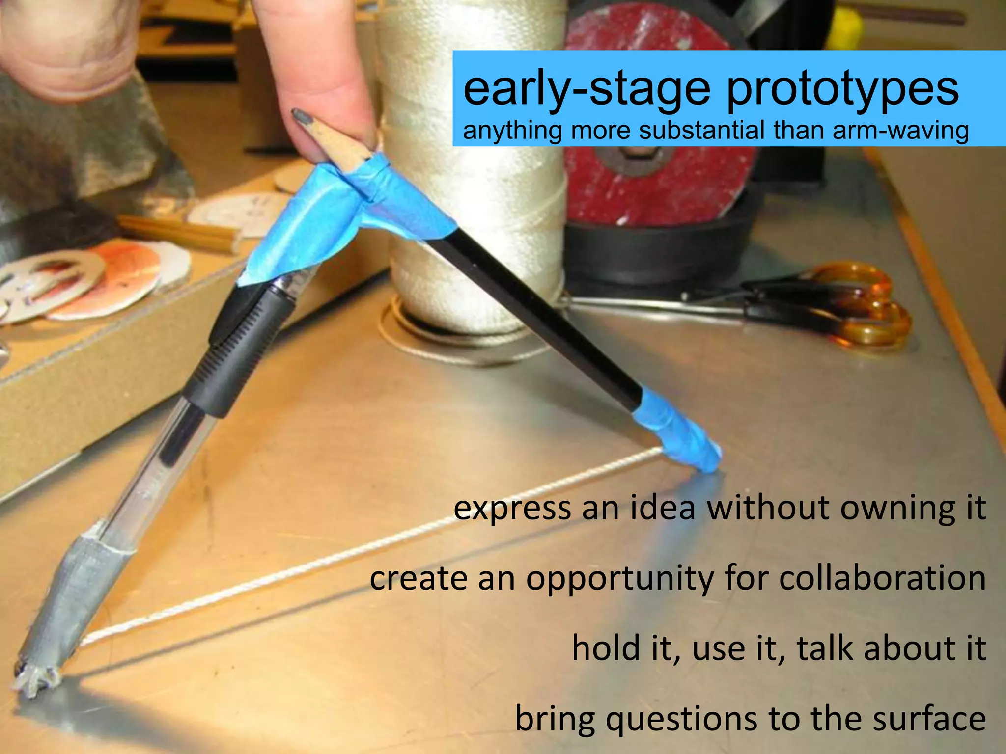 early-stage prototypesanything more substantial than arm-wavingexpress an idea without owning itcreate an opportunity for collaborationhold it, use it, talk about itbring questions to the surface