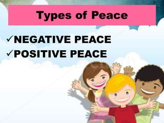 NEGATIVE PEACE
POSITIVE PEACE
Types of Peace
 