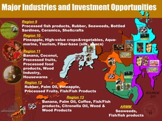 Region 13   Banana, Palm Oil, Coffee, Fish/Fish products, Citronella Oil, Wood & Wood Products Region 9   Processed fish products, Rubber, Seaweeds, Bottled Sardines, Ceramics, Shellcrafts SOURCE: DTI Major Industries and Investment Opportunities Region 10  Pineapple, High-value crops&vegetables, Aqua-marine, Tourism, Fiber-base (silk, abaca) Region 11   Banana, Coconut, Processed fruits, Processed food products, Wood Industry,  Housewares Region 12   Rubber, Palm Oil, Pineapple, Processed Fruits, Fish/Fish Products ARMM  Seaweeds, Fish/fish products 