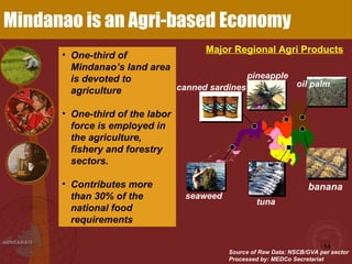 Source of Raw Data: NSCB/GVA per sector Processed by: MEDCo Secretariat Mindanao is an Agri-based Economy Major Regional Agri Products oil palm One-third of Mindanao’s land area is devoted to agriculture One-third of the labor force is employed in the agriculture, fishery and forestry sectors. Contributes more than 30% of the national food requirements pineapple canned sardines seaweed banana tuna 