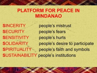 PLATFORM FOR PEACE IN MINDANAO S INCERITY   people’s mistrust S ECURITY   people’s fears S ENSITIVITY   people’s hurts S OLIDARITY   people’s desire to participate S PIRITUALITY   people’s faith and symbols S USTAINABILITY  people’s institutions 