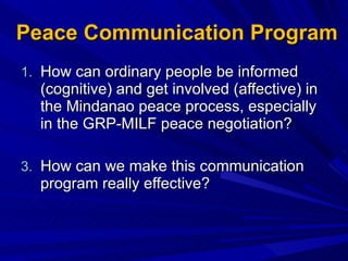 Peace Communication Program How can ordinary people be informed (cognitive) and get involved (affective) in the Mindanao peace process, especially in the GRP-MILF peace negotiation? How can we make this communication program really effective? 