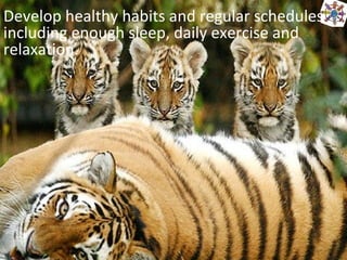 Develop healthy habits and regular schedules,
including enough sleep, daily exercise and
relaxation.
 
