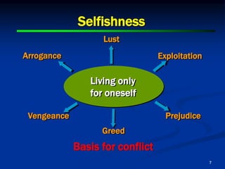 7
Selfishness
Living only
for oneself
Lust
Exploitation
Prejudice
Greed
Vengeance
Arrogance
Basis for conflict
 