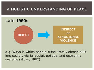 Late 1960s
e.g. Ways in which people suffer from violence built
into society via its social, political and economic
systems (Hicks, 1987).
A HOLISTIC UNDERSTANDING OF PEACE
INDIRECT
or
STRUCTURAL
VIOLENCE
DIRECT
 