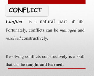 CONFLICT
Conflict is a natural part of life.
Fortunately, conflicts can be managed and
resolved constructively.
Resolving conflicts constructively is a skill
that can be taught and learned.
 