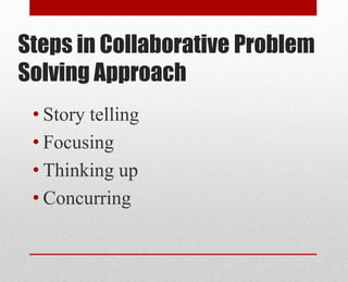 Steps in Collaborative Problem
Solving Approach
• Story telling
• Focusing
• Thinking up
• Concurring
 
