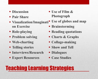 Teaching Learning Strategies
 Discussion
 Pair Share
 Visualization/Imaginati
on Exercise
 Role-playing
 Problem solving
 Web-charting
 Telling stories
 Interviews/Research
 Expert Resources
 Use of Film &
Photograph
 Use of globes and map
 Brainstorming
 Reading quotations
 Charts & Graphs
 Collage-making
 Show and Tell
 Dialogues
 Case Studies
 