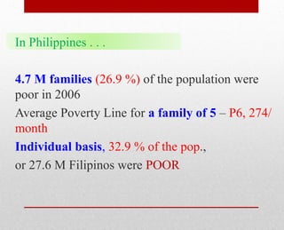 In Philippines . . .
4.7 M families (26.9 %) of the population were
poor in 2006
Average Poverty Line for a family of 5 – P6, 274/
month
Individual basis, 32.9 % of the pop.,
or 27.6 M Filipinos were POOR
 