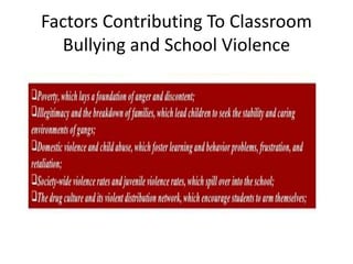 Factors Contributing To Classroom
Bullying and School Violence
 
