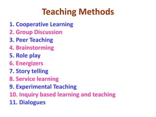 Teaching Methods
1. Cooperative Learning
2. Group Discussion
3. Peer Teaching
4. Brainstorming
5. Role play
6. Energizers
7. Story telling
8. Service learning
9. Experimental Teaching
10. Inquiry based learning and teaching
11. Dialogues
 