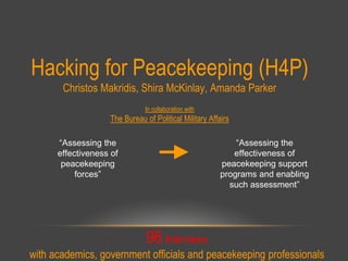 Hacking for Peacekeeping (H4P)
Christos Makridis, Shira McKinlay, Amanda Parker
In collaboration with
The Bureau of Political Military Affairs
96 Interviews
with academics, government officials and peacekeeping professionals
“Assessing the
effectiveness of
peacekeeping
forces”
“Assessing the
effectiveness of
peacekeeping support
programs and enabling
such assessment”
 