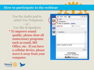 How to participate in the webinar
Use the Audio pod to
select Use Telephone
- or -
Use Mic & Speakers
* To improve sound
quality, please close all
unnecessary programs
such as email, MS
Office, etc. If you have
a cellular device, please
move it away from your
computer.
 