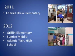 2011
• Charles Drew Elementary

2012
• Griffin Elementary
• Sunrise Middle
• Atlantic Tech. High
School

 