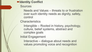 Identity Conflict
Sources
Needs and Values – threats to or frustration
over such identity needs as dignity, safety,
control
Characteristics
Intangible – Rooted in history, psychology,
culture, belief systems, abstract and
complex goals
Initial Engagement
Interactive – dialogue about needs and
values promoting voice and recognition
 
