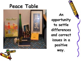 Peace Table An opportunity to settle differences and correct issues in a positive way. 