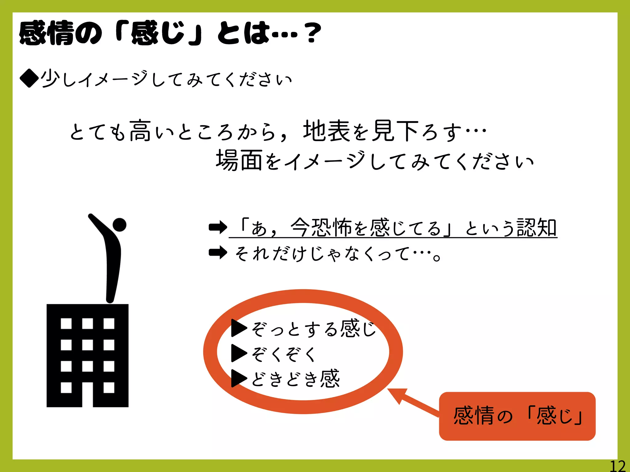 ◆少しイメージしてみてください
とても高いところから，地表を見下ろす…
場面をイメージしてみてください
➡「あ，今恐怖を感じてる」という認知
➡ それだけじゃなくって…。
▶ぞっとする感じ
▶ぞくぞく
▶どきどき感
感情の「感じ」
 
