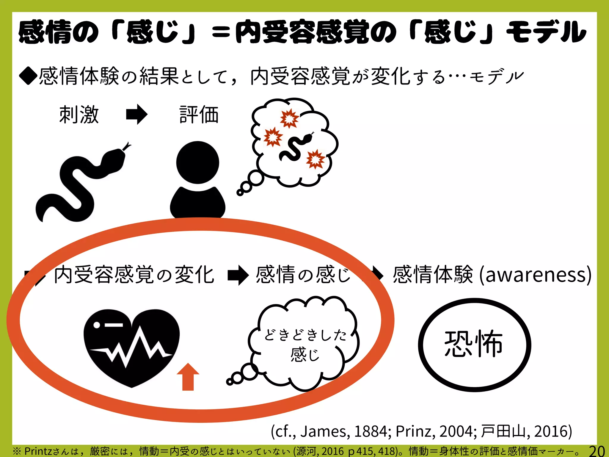 ◆感情体験の結果として，内受容感覚が変化する…モデル
刺激 評価
恐怖どきどきした
感じ
(cf., James, 1884; Prinz, 2004; 戸田山, 2016)
内受容感覚の変化 感情の感じ 感情体験 (awareness)
※ Printzさんは，厳密には，情動＝内受の感じとはいっていない (源河, 2016 ｐ415, 418)。情動＝身体性の評価と感情価マーカー。
 