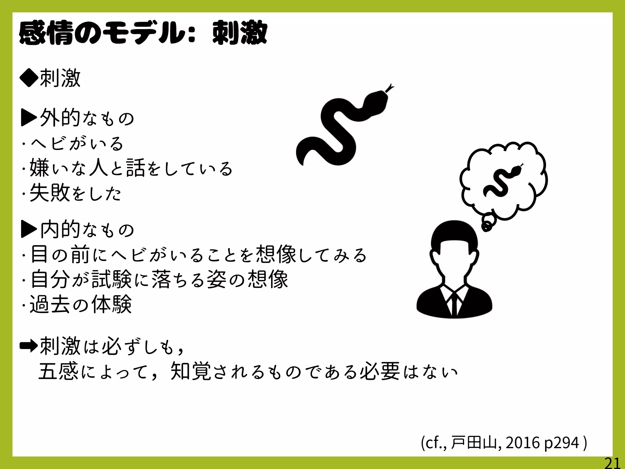 ◆刺激
▶外的なもの
・ヘビがいる
・嫌いな人と話をしている
・失敗をした
▶内的なもの
・目の前にヘビがいることを想像してみる
・自分が試験に落ちる姿の想像
・過去の体験
➡刺激は必ずしも，
五感によって，知覚されるものである必要はない
(cf., 戸田山, 2016 p294 )
 