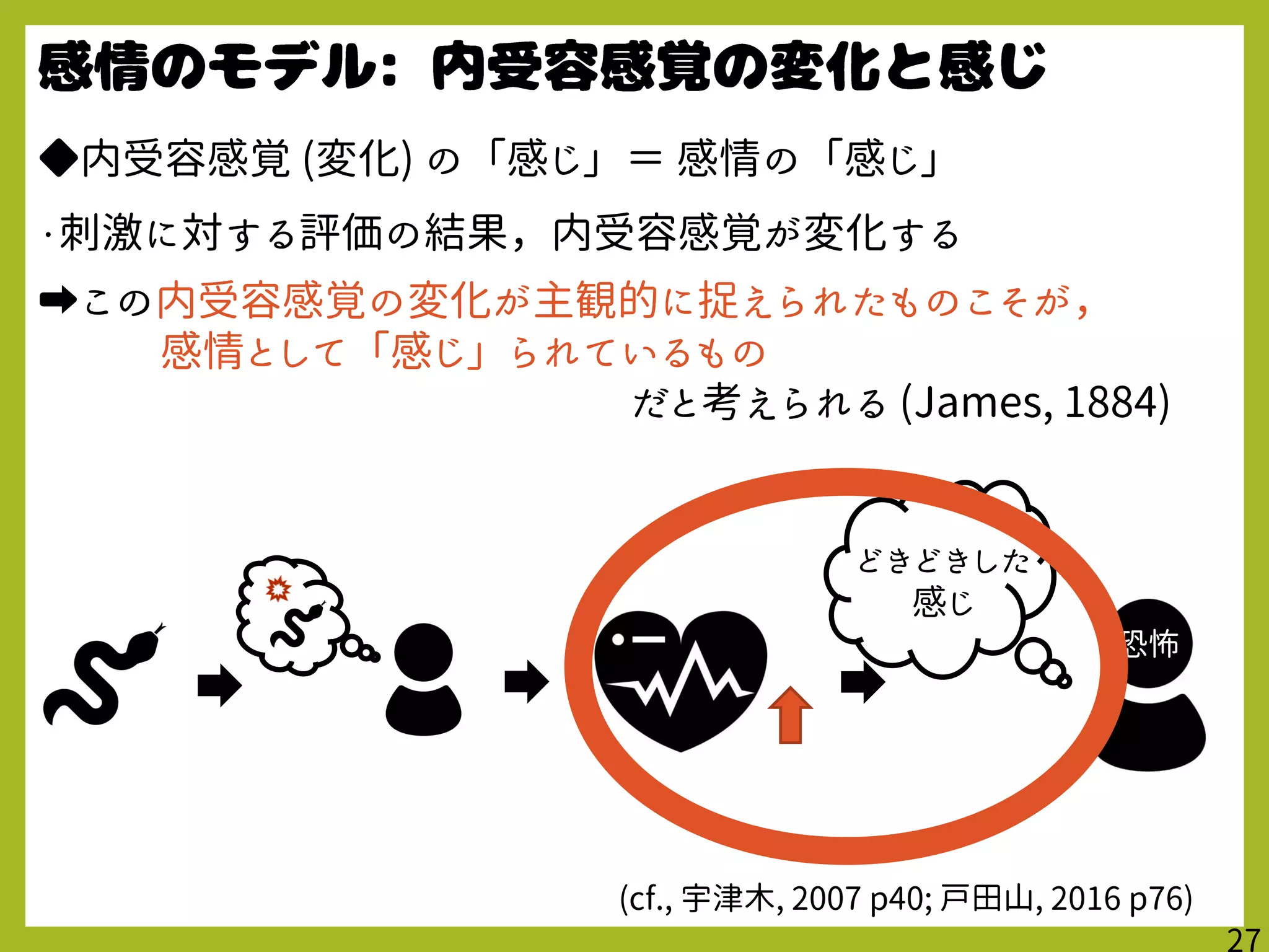 ◆内受容感覚 (変化) の「感じ」＝ 感情の「感じ」
・刺激に対する評価の結果，内受容感覚が変化する
➡この内受容感覚の変化が主観的に捉えられたものこそが，
感情として「感じ」られているもの
だと考えられる (James, 1884)
(cf., 宇津木, 2007 p40; 戸田山, 2016 p76)
恐怖
どきどきした
感じ
 