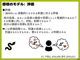 ◆評価
：(基本的には) 自動的になされる刺激に対する評価
・自分自身，あるいは自身の価値や目標にとって脅威的であるか？
・その刺激に対して，対処，制御できるか？
・自分の価値や目標を支持するか？
➡この評価段階では，刺激が自身にとって，
利益をもたらすものか，害をなすものか，が判断される
(cf., 戸田山, 2016 p98; 源河, 2016 p21)
 