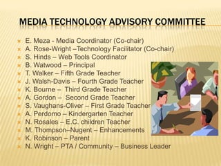 Media Technology Advisory CommitteeE. Meza - Media Coordinator (Co-chair)A. Rose-Wright –Technology Facilitator (Co-chair)S. Hinds – Web Tools Coordinator B. Watwood – PrincipalT. Walker – Fifth Grade TeacherJ. Walsh-Davis – Fourth Grade TeacherK. Bourne –  Third Grade Teacher A. Gordon –  Second Grade TeacherS. Vaughans-Oliver – First Grade TeacherA. Perdomo – Kindergarten TeacherN. Rosales – E.C. children TeacherM. Thompson–Nugent – EnhancementsK. Robinson – ParentN. Wright – PTA / Community – Business Leader