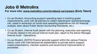 Jobs @ Metrolinx
For more info: www.metrolinx.com/en/about-us/careers (Early Talent)
• Co-op Student, Accounting (support operating team in tracking goals/
measurements, work with all partners to collect data/answer queries/exchange
info, assist in extraction of month-end operating expenditure info for
fi
nancial
analysis, learn about Public Sector Accounting Standards, etc.)
• Co-op Student, Internal Audit (assist with the planning, execution and reporting
of results related to the annual Internal Audit plan, report to the Senior Manager,
Internal Audit - Operations)
• Co-op Student, (DCFO) Finance (provide support within the various Finance
teams, work with internal/external stakeholders to provide admin support,
create presentations, maintain systems and recommend improvements to
processes.
 