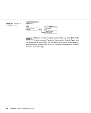116 ChAPTER 10 usIng tHe data model edItor 
The main editor has two primary styles: table and graph. Table mode 
is what you saw in Figure 10.1. Graph mode is shown in Figure 10.2 
and represents the relationships and inheritance of the model. When using the 
graph editor style, you will need to use the Utility area to edit entities and their 
attributes and relationships. 
fiGURe 10 2 A MOM in the 
model graph mode 
 