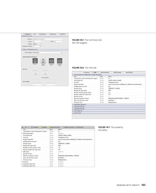 fiGURe 14 5 The Summary tab 
(for iOS targets) 
fiGURe 14 7 The property 
list editor 
WorkIng WItH targets 163 
fiGURe 14 6 The Info tab 
 
