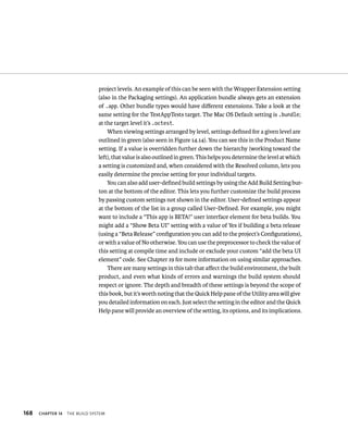 168 project levels. An example of this can be seen with the Wrapper Extension setting 
(also in the Packaging settings). An application bundle always gets an extension 
of .app. Other bundle types would have different extensions. Take a look at the 
same setting for the TestAppTests target. The Mac OS Default setting is .bundle; 
at the target level it’s .octest. 
ChAPTER 14 tHe BuIld system 
When viewing settings arranged by level, settings defined for a given level are 
outlined in green (also seen in Figure 14.14). You can see this in the Product Name 
setting. If a value is overridden further down the hierarchy (working toward the 
left), that value is also outlined in green. This helps you determine the level at which 
a setting is customized and, when considered with the Resolved column, lets you 
easily determine the precise setting for your individual targets. 
You can also add user-defined build settings by using the Add Build Setting but-ton 
at the bottom of the editor. This lets you further customize the build process 
by passing custom settings not shown in the editor. User-defined settings appear 
at the bottom of the list in a group called User-Defined. For example, you might 
want to include a “This app is BETA!” user interface element for beta builds. You 
might add a “Show Beta UI” setting with a value of Yes if building a beta release 
(using a “Beta Release” configuration you can add to the project’s Configurations), 
or with a value of No otherwise. You can use the preprocessor to check the value of 
this setting at compile time and include or exclude your custom “add the beta UI 
element” code. See Chapter 19 for more information on using similar approaches. 
There are many settings in this tab that affect the build environment, the built 
product, and even what kinds of errors and warnings the build system should 
respect or ignore. The depth and breadth of these settings is beyond the scope of 
this book, but it’s worth noting that the Quick Help pane of the Utility area will give 
you detailed information on each. Just select the setting in the editor and the Quick 
Help pane will provide an overview of the setting, its options, and its implications. 
 