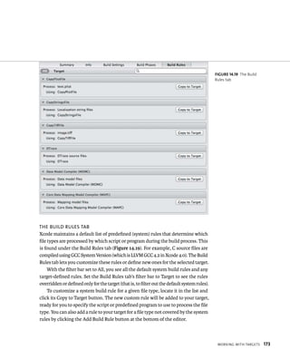 WorkIng WItH targets 173 
The BUilD rUles TaB 
Xcode maintains a default list of predefined (system) rules that determine which 
file types are processed by which script or program during the build process. This 
is found under the Build Rules tab (Figure 14.19). For example, C source files are 
compiled using GCC System Version (which is LLVM GCC 4.2 in Xcode 4.0). The Build 
Rules tab lets you customize these rules or define new ones for the selected target. 
With the filter bar set to All, you see all the default system build rules and any 
target-defined rules. Set the Build Rules tab’s filter bar to Target to see the rules 
overridden or defined only for the target (that is, to filter out the default system rules). 
To customize a system build rule for a given file type, locate it in the list and 
click its Copy to Target button. The new custom rule will be added to your target, 
ready for you to specify the script or predefined program to use to process the file 
type. You can also add a rule to your target for a file type not covered by the system 
rules by clicking the Add Build Rule button at the bottom of the editor. 
fiGURe 14 19 The Build 
Rules tab 
 