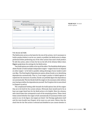 WorkIng WItH sCHemes 183 
The BUilD acTion 
The Build action serves as the basis for the rest of the actions. As it’s necessary to 
build a product before it can be run, tested, or profiled, the Build action is always 
performed before performing any of the other actions that need a built product. 
To edit this action, select it from the list on the left of the Scheme Editor sheet. 
Figure 14.29 shows the settings for the Build action. 
Two build options are visible at the top of the editor. The Parallelize Build option 
allows Xcode to build multiple independent targets—targets that do not depend 
on other targets—to be built in parallel, taking advantage of your modern multi-core 
Mac. The Find Implicit Dependencies option allows Xcode to try identifying 
dependencies automatically. That is, if one target’s product is linked against or 
copied into the resources of another, Xcode can probably figure this dependency 
out automatically. This lets Xcode build the targets in the necessary order without 
your having to define the dependencies yourself. You’ll explore this in more detail 
in Chapters 15 and 16. 
The complicated-looking table beneath the build options lists all the targets 
that are to be built for the current scheme. Obviously there would need to be at 
least one target listed here for the Build action to be helpful. Note the columns 
with check boxes that correspond to each of the remaining actions. These check 
boxes control whether the target is built automatically (if necessary) before each 
action is run. In the figure, two targets are listed—the TestApp application itself 
and the tests bundle (see Chapter 18 for more on unit tests). Notice that the 
check box for the Test action is selected and disabled so you cannot deselect it. 
fiGURe 14 29 The Build 
action’s options 
 