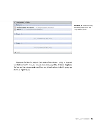 CreatIng a FrameWork 213 
Note that the headers automatically appear in the Project group. In order to 
use the framework’s code, the headers must be made public. To do so, drag both 
the TestAppSharedFramework.h and TestFoo.h headers into the Public group, as 
shown in Figure 15.14. 
fiGURe 15 14 The framework’s 
headers made public in the 
Copy Headers phase 
 